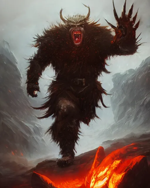 Image similar to oil painting of Angry Donald Trump Berserker, wearing fur armor, claws, sharp focus, attack pose, fantasy style, octane render, volumetric lighting, 8k high definition, by greg rutkowski, highly detailed, trending on art Station, magic the gathering artwork, burning Battlefield background, centered