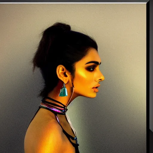Prompt: Indian Super Model, against a deep black background, Cinematic, DSLR, Kodak Portra, Telephoto, Megapixel, Reflective, Iridescent, Prismatic, Squishy, by Camille Corot, by Karol Bak