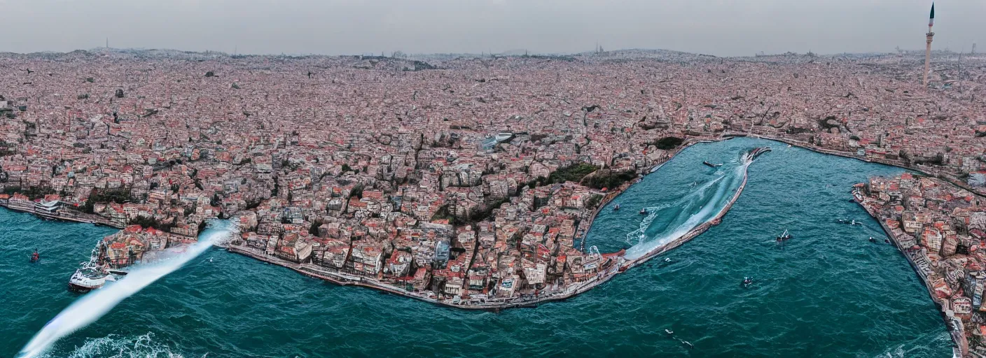 Image similar to tsunami in istanbul, realistic, photography, drone shot, sharp focus, 8 k detailed