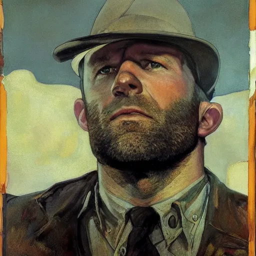 Prompt: Portrait of Jason Statham Pet Detective Standing atop a Garbage Truck Newell Convers Wyeth Andrew Wyeth Jamie Wyeth