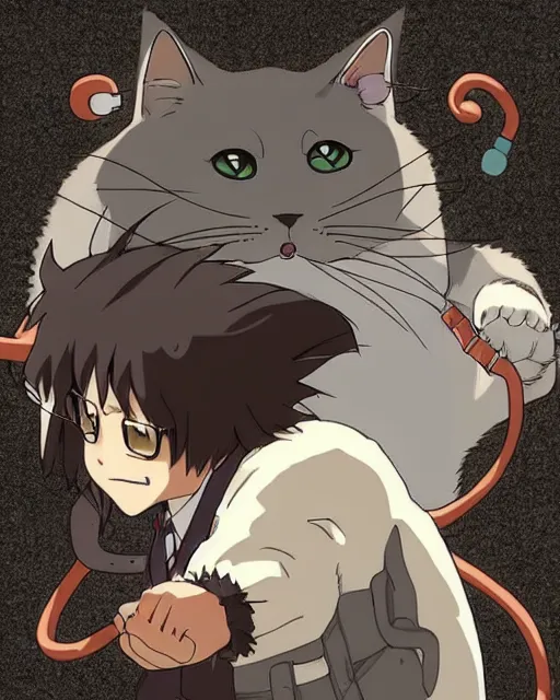 Image similar to fat otaku on the giant cat, funny comic panels, graphic art, rgba, 8 k hd resolution, pinterest, dynamic character, 8 k character details, concept art, 8 k ultra realistic, intricate details, ultra detailed, reduce character duplication, in style of hayao miyazaki