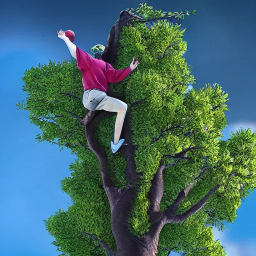 Image similar to streatchy dude trying to reach an apple on a very high tree, digital art, 8K