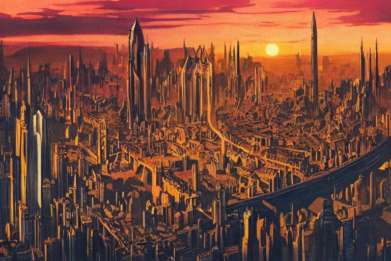 Prompt: a colossal city at sunset, huge spines, art deco, bridges, flying machines, golden hour, dramatic lighting, metropolis by fritz lang, volumetric lighting, bright, colourful, high contrast, sharpness, by hildebrandt brothers, frazetta, giorgio de chirico and botticelli and max ernst
