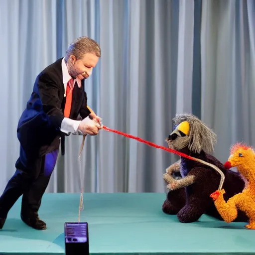 Image similar to puppet show with a puppeteer using a string marionette of a president with clown makeup in a podium