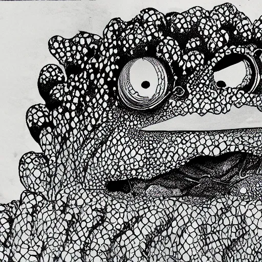 Prompt: deep camouflage angry toad evil eyes poking out eyes from under the water ultra sharp blur background simple background psychedelic contour ink drawing gustave dore katshushika Hokusai big eyes