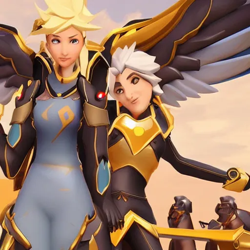 Image similar to mercy with pharaoh, in overwatch official style