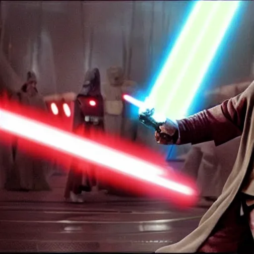 Image similar to a screen shoot of a star wars movie depicting a jedi versus sith fighting