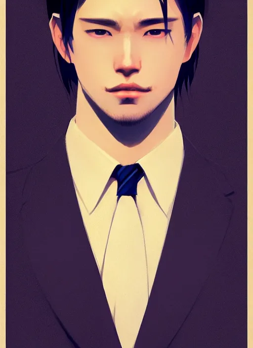 Image similar to a man in his twenties, handsome, asians ， long hair, suit ， perfect face, symmetric eyes, sharp focus, specular reflection, occlusion shadow, artstation, by ilya kuvshinov and jeremy lipking, light novel cover art, 3 d epic illustrations, symmetric body