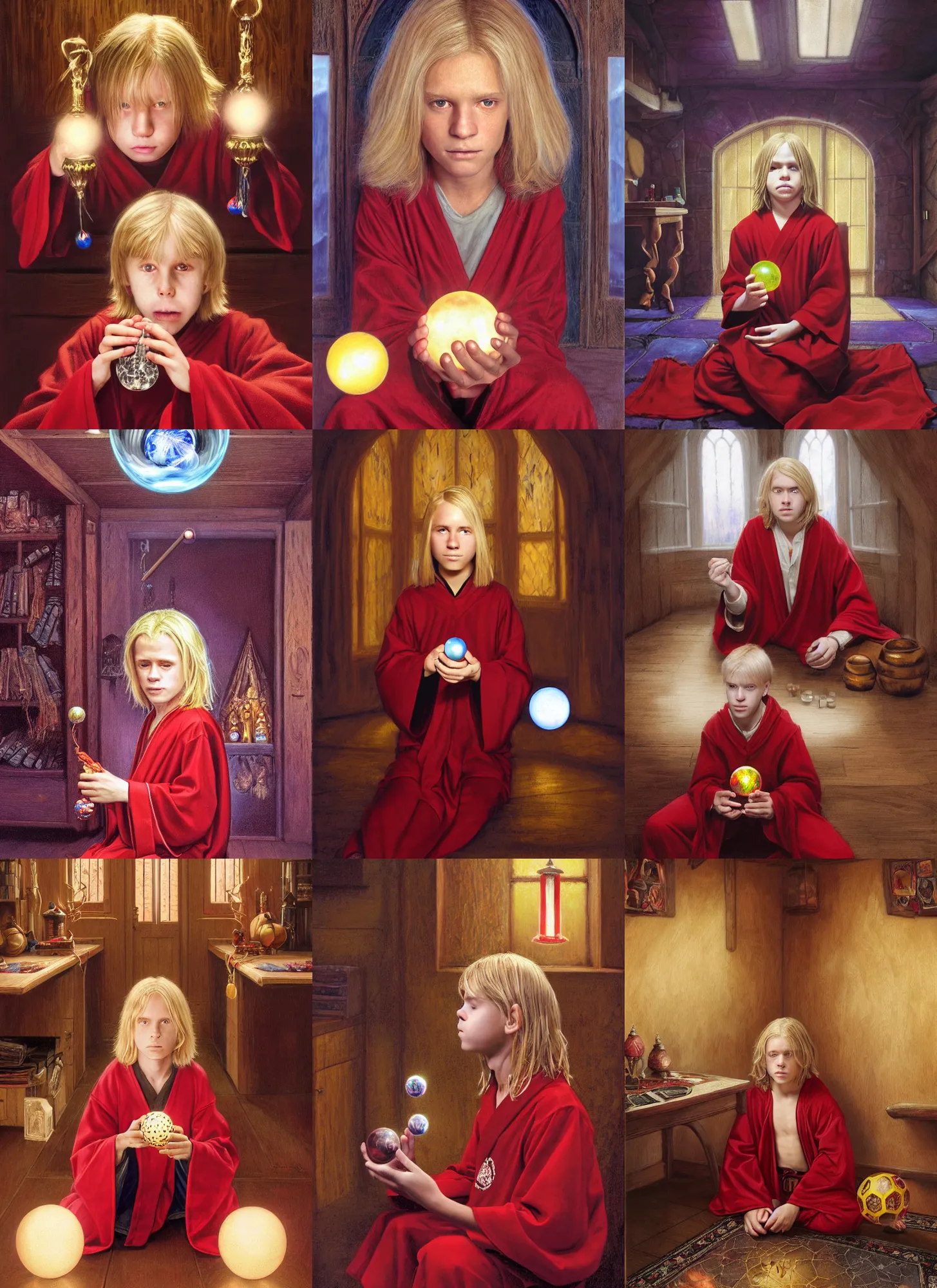 Prompt: portrait of a 1 2 year old white boy with blond medium length hair, sitting on the floor, wearing red sorcerer's robes, holding a crystal ball in his hands and gazing into it, inside of a cabin style by donato giancola, wayne reynolds, jeff easley dramatic light, high detail, cinematic lighting, artstation, dungeons and dragons