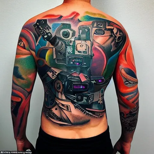 Image similar to backside on the shoulders is a tattoo of a hole in the skin with multicolored robotic mechanics and belts gears and motorparts inside under the skin, insanely integrate, 3 d