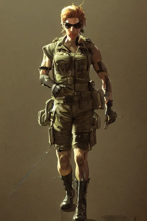 Prompt: mgs solid snake as a woman, full body military outfit, army boots, pouches, full body concept art, khaki color, oil painting, sunlit, paint texture, digital painting, highly detailed, artstation, sharp focus, illustration, concept art, ruan jia, charlie bowater, tom bagshaw, norman rockwell