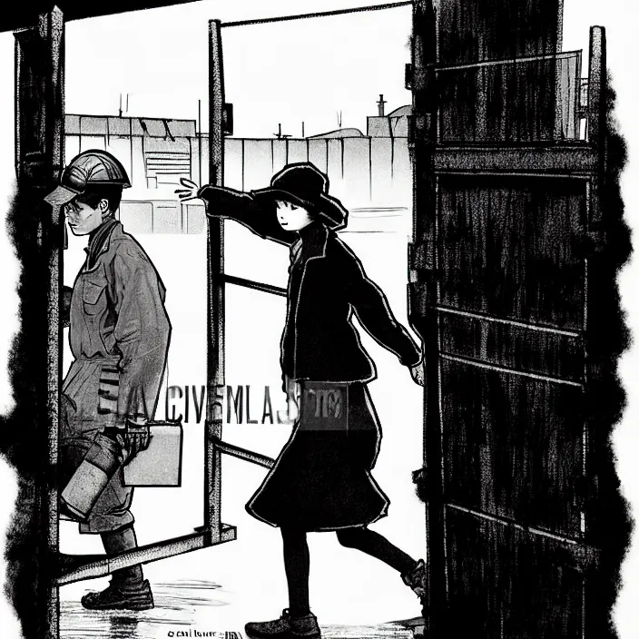 Image similar to sadie sink in dirty workmen clothes waves goodbye to workmen. near a gate. background : factory, dirty, polluted. technique : black and white pencil and ink. by gabriel hardman, joe alves, chris bonura. cinematic atmosphere, detailed and intricate, perfect anatomy