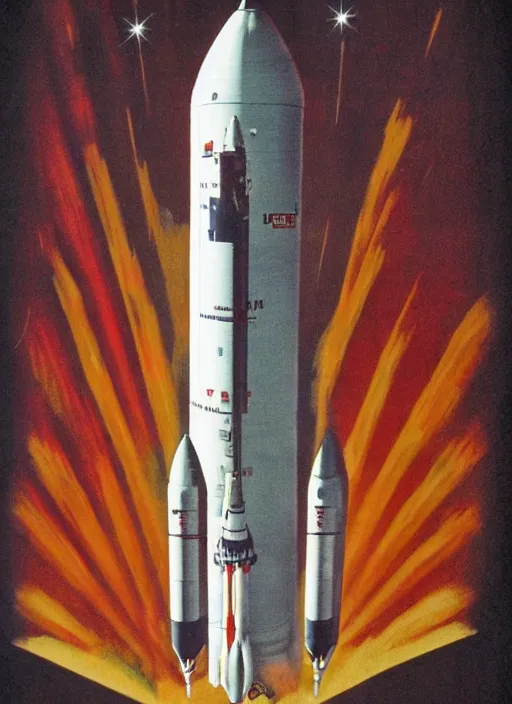 Image similar to detailed 1 9 5 0 s stencil art of the saturn v rocket, cinematic lighting, dawn, apollo space program