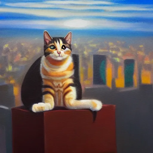 Prompt: an oil painting of a cat on top of a building looking over a city trending on art station