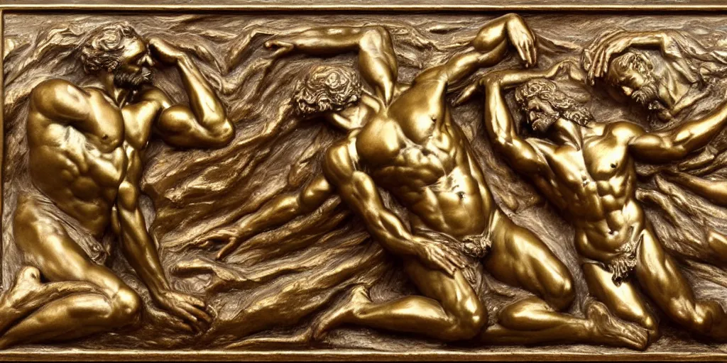 Prompt: A gilded bronze bas relief of the Creation of Man in the style of Alfred Gilbert, Jules Dalou, Auguste Rodin, 1899, 4K resolution