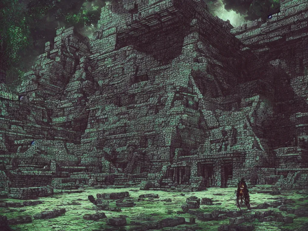 Prompt: A mysterious ancient Mayan temple with tentacles coming out of the massive entrance art by Maciej Kuciara, trending on artstation