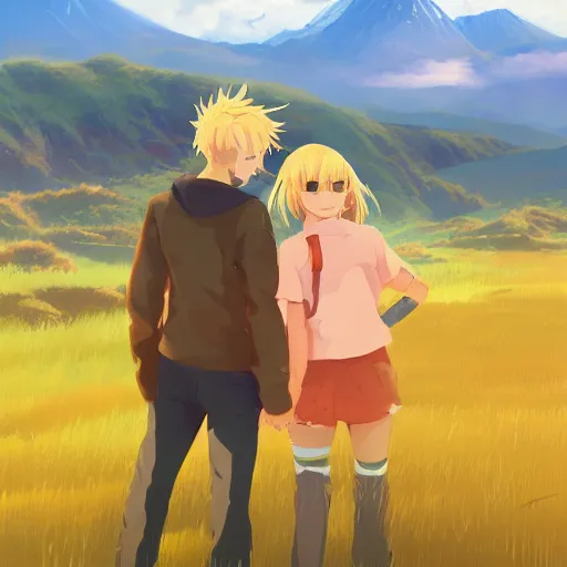 Prompt: two friends, blonde hair, red hair, fields in the background, mountains, highly detailed, artstation, by makoto shinkai