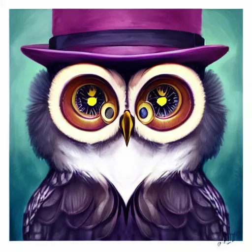 Prompt: Cute portrait of an adorable owl dressed as a magician:: symmetrical face, symmetrical eyes:: in the style of charlie bowater, Disney art:: oil painting::