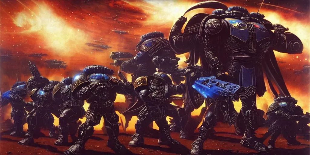 Image similar to Astartes are fighting against space orcs, huge armies, epic battle, a bunch of explosions, bullet tracers, Astartes are very well detailed, orcs are very well detailed, Photo style retro futurism art