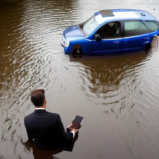 Image similar to A photo of a man in suit sitting on the top of a car in a flooded street, looking at his phone