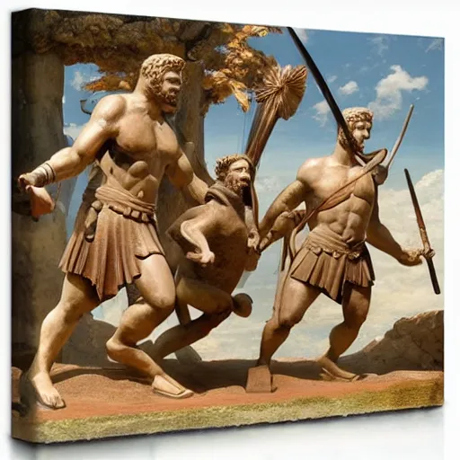 Image similar to greek warriors fighting against capybara, ancient greek statue, epic, detailled