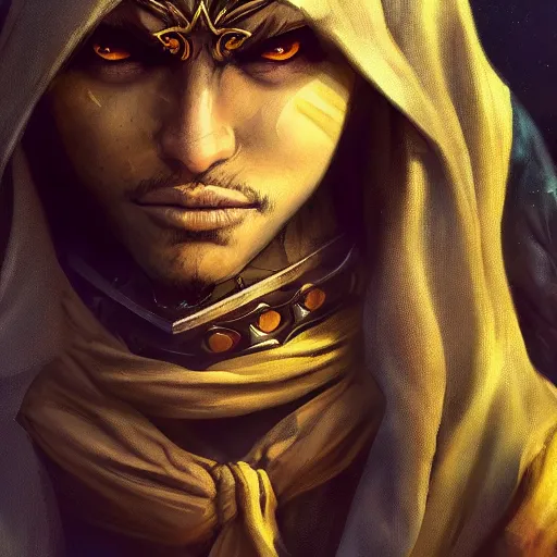 Image similar to portrait of young wild arabian nomad half werewolf, with yellow cloths, league of legends splash art, castlevania, hearthstone splash art, full body shot, rule of thirds, ultrafine hyperrealistic detailed face, artgerm, greg rutkowski, trending on artstation, 8 k, intricately detailed, highly detailed