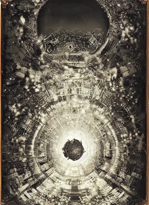 Image similar to old wetplate daguerreotype, the unveiling of pandora's box, explosion of data fragments, fractal, intricate, elegant, highly detailed, parallax, leica, medium format, subsurface scattering, by jheronimus bosch and greg rutkowski and louis jacques mande daguerre