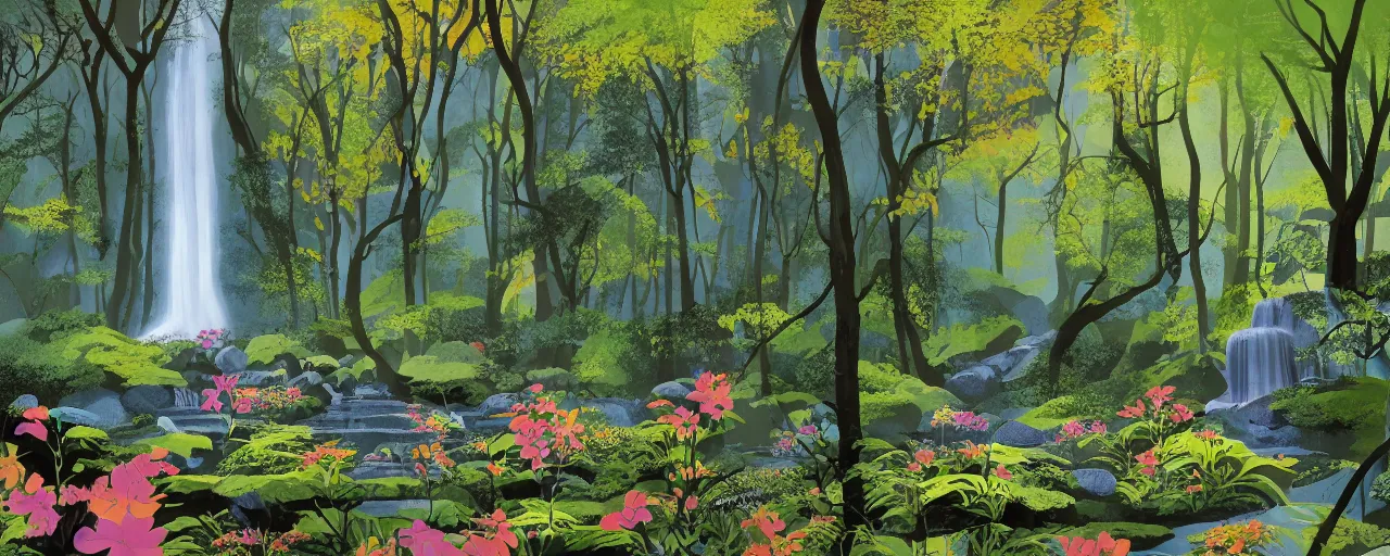 Prompt: deep forest, rainbow river waterfall, waterfall wall splitting, light shimmers, water mists, stones, wild flowers, subtle color variations, summer rain, gentle mists, a white robed benevolent magician clothed in a royal garment in contemplation meditating upon God, by Eyvind Earle and Mary Blair