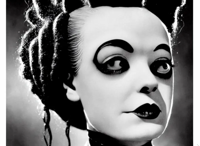 Prompt: editorial portrait, bride of frankenstein ( 1 9 3 5 ) as child wednesday addams, still from the addams family values, sharp, black and white