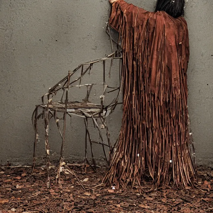 Image similar to a closeup portrait of a woman wearing a cloak made of rusted nails and ribbons, staring at an empty chair, derelict home, photograph, by vincent desiderio, canon eos c 3 0 0, ƒ 1. 8, 3 5 mm, 8 k, medium - format print