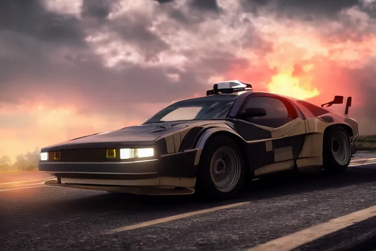 Prompt: Delorian on a road, huge clouds, sunset in the background , ultra low camera angle, super wide lens, tilted camera, high speed motion, cinematic, ultra resolution, octane render, top trending artstation, 4k, 8k, hyper realistic, digital art, incredible details,