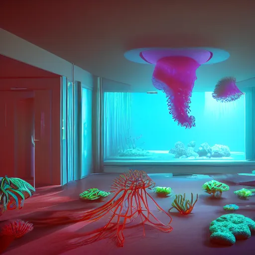 Image similar to photo of the modern room as aquarium with a big jellyfish and corals, realistic colors, realistic shadows, daylight made in blender, 3 d by beeple and damian hirst