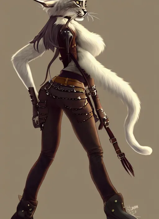 Image similar to wide angle beautiful full body portrait of a strong female anthropomorphic anthro lynx fursona wearing a steampunk leather pants. from behind, character design by disney, anime, manga, charlie bowater, ross tran, artgerm, and makoto shinkai, detailed, soft lighting, rendered in octane, white fur