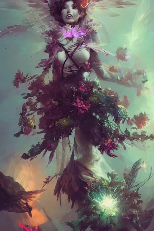 Prompt: beautiful girl necromancer, witch - doctor exploding into flowers, angels, 3 d render, hyper - realistic detailed portrait, holding electricity and birds, ruan jia, wlop. scifi, fantasy, hyper detailed, octane render, concept art, peter mohrbacher
