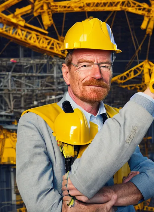 Image similar to closeup portrait of mecha bryan cranston with construction crane arms, yellow hardhat, sitting in a crane, natural light, bloom, detailed face, magazine, press, photo, steve mccurry, david lazar, canon, nikon, focus