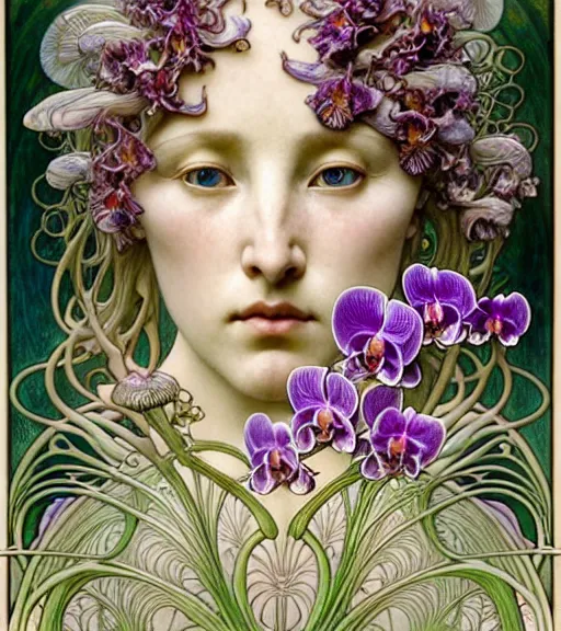 Image similar to beautiful orchid fairy detailed realistic porcelain face portrait by jean delville, alphonse mucha, iris van herpen and marco mazzoni, art forms of nature by ernst haeckel, art nouveau, symbolist, visionary, gothic, neo - gothic, pre - raphaelite, fractal lace, intricate alien botanical biodiversity, surreality, hyperdetailed ultrasharp octane render