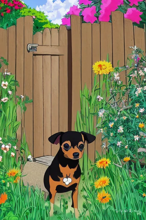 Prompt: A black and tan chihuahua looks through her garden gate, cel shaded cartoon in the style of studio Ghibli, sunny morning, cinematic lighting, summer