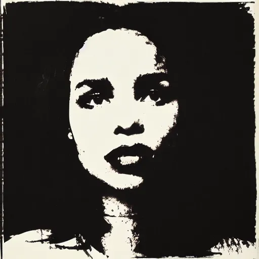 Image similar to screenprint solarized portrait of zoe kravitz by andy warhol