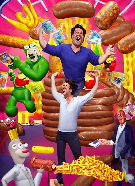 Image similar to hyperrealistic mark ruffalo screaming on a carnival shooting game surrounded by big fat frankfurter sausages with a trippy surrealist mark ruffalo screaming portrait by aardman animation and norman rockwell, mark ruffalo carnival shooting game with hot dogs