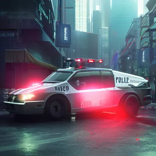 Prompt: a heavily armored police cruiser, flashing lights, siren, cyberpunk, realistic octane render, high detail