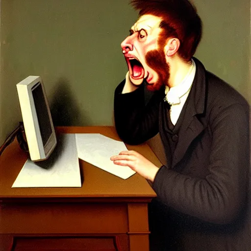 Image similar to an angry man yells at his computer monitor, oil on canvas, 1 9 0 1