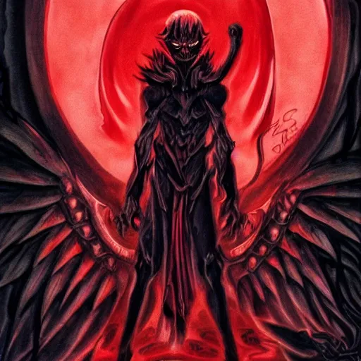 Prompt: of a dark demon with red eyes