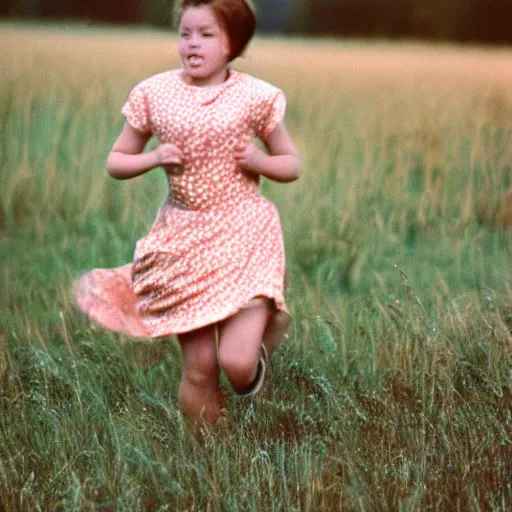 Prompt: kodachrome photo of a girl running through a field, in a dress, vintage, faded image, color bleed, grainy, motion blur, 1960s, 1950s