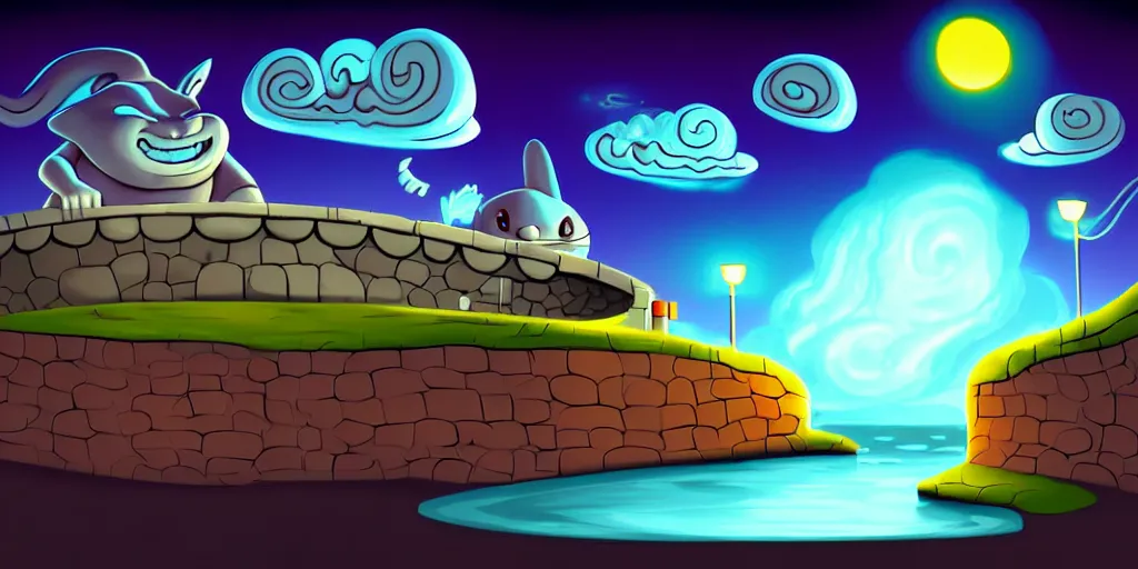 Image similar to nightscape chubby cartoon concept art, wall with drain on the edge of the river, spiral clouds, sam and max, liquid smoke