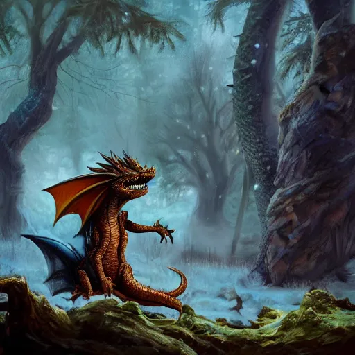 Image similar to oil painting of cute dragon in cold forest, dnd character, background focus, fantasy, lizard legs, magic, realistic textured skin, big lizard head, eagle feather, eagle wings, glowing eyes, clear clean, artgem, boris valejo, goro fujita, frank frazetta, trending on artstation, digital painting, beautiful, very detailed, pixar