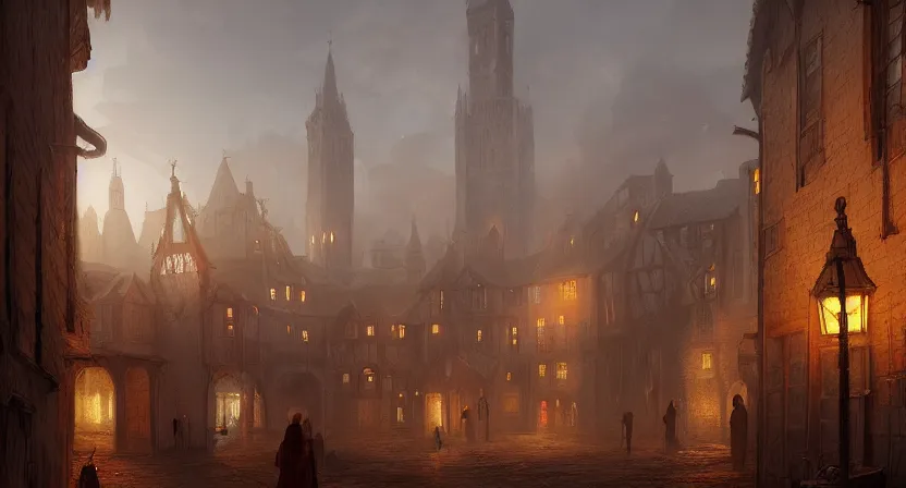 Prompt: A digital concept art painting of a medieval european town in a strange alternate dimension, full of candle-lit windows floating in air, hooded figures, golden hour, by Greg Rutkowski, trending on Artstation