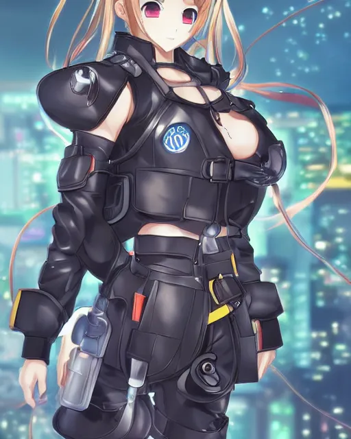 Image similar to full body image of anime girl in mechanic armor in night tokyo by makoto sinkai, perfect faces, fine details