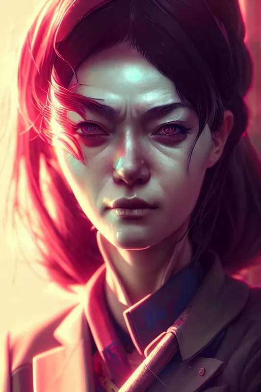 Image similar to hyperdetailed close portrait of a woman in a worn out suit in a cyberpunk city inspired by ross tran and wlop and masamune shirow and kuvshinov, concept art, intricate, photorealistic, octane render, rtx, hdr, unreal engine, dnd digital art by artgerm