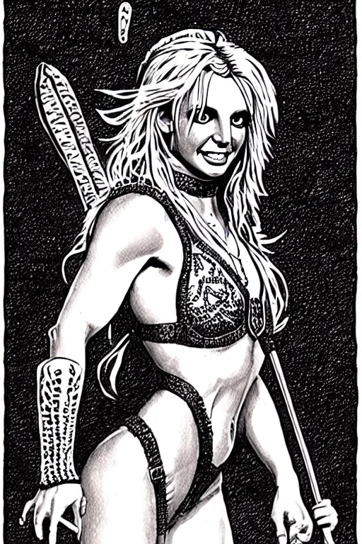 Image similar to britney spears as a d & d monster, full body, pen - and - ink illustration, etching, by russ nicholson, david a trampier, larry elmore, 1 9 8 1, hq scan, intricate details, inside stylized border