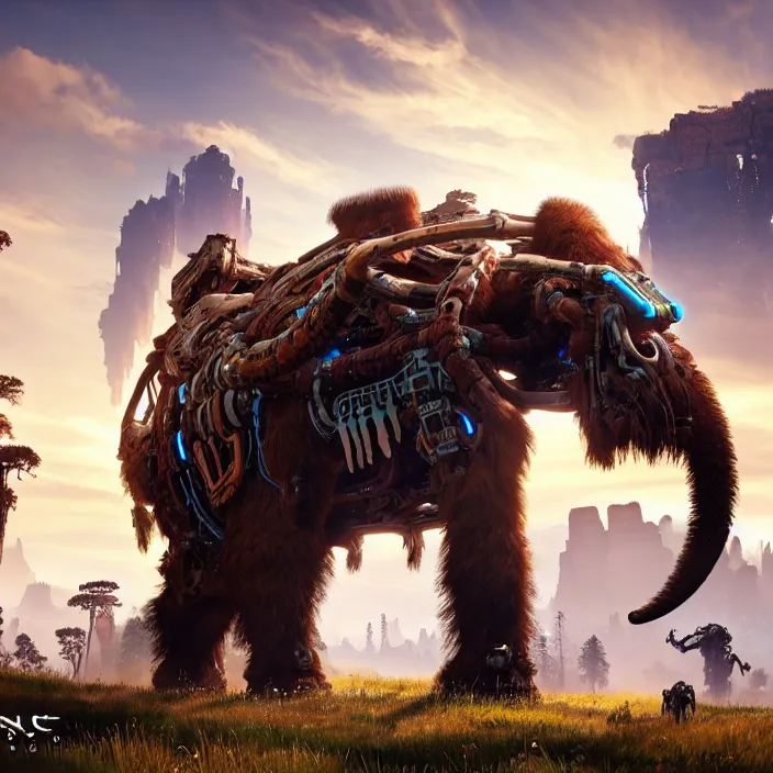 Image similar to photo of a cybernetic mammoth in the style of horizon zero dawn, highly detailed, 4 k, hdr, smooth, sharp focus, high resolution, award - winning photo